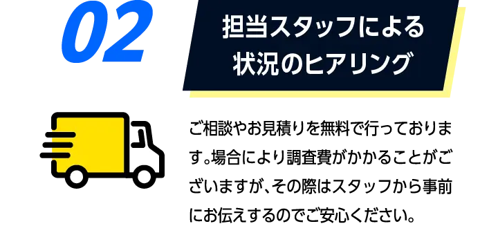 02担当スタッフによる状況のヒアリング: 専門のスタッフがお客様のお悩みをヒアリングし、お見積りのご案内をいたします。